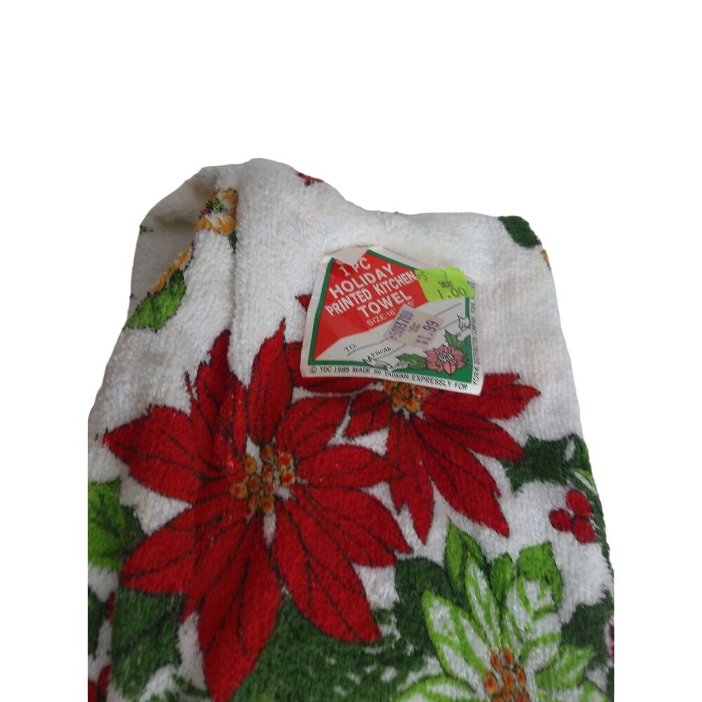 Vintage 1980s Christmas Holiday Poinsettia Kitchen Towels Set of 3 New Deadstock - Picture 5 of 7